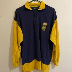 blue yellow and green GUESS quarter zip long sleeve shirt